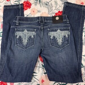 ANTIK Denim Embroidered Pockets Skinny Straight Vintage Little Stretch EUC